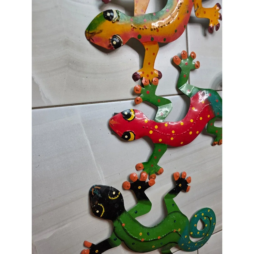 Set of 3 Colorful Metal Gecko Wall Art Hand Painted Lizard Garden Decor 13‎ Inch